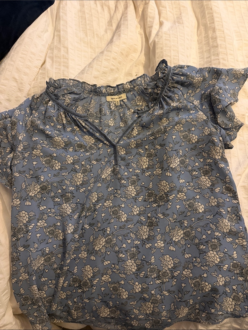 Madewell Light Blue Floral Ruffle-Trim Short Sleeve Blouse